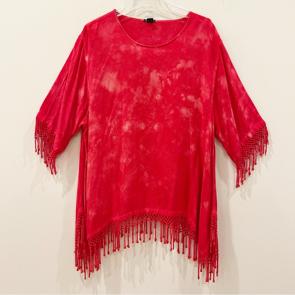 Dairi Fashion Top Womens Large Red Tie Dye Crochet Fringe Lagenlook Tunic Flowy